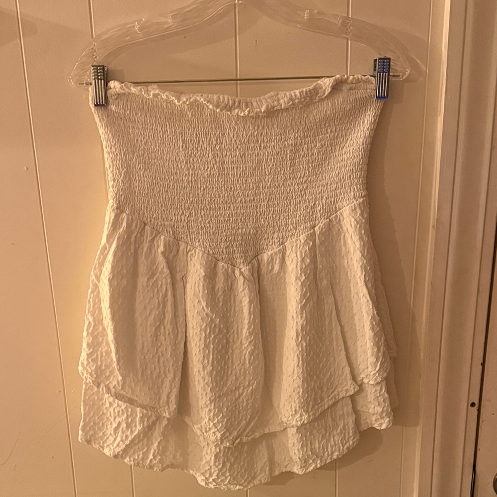 Anthropologie White Smocked Strapless Ruffled Top
